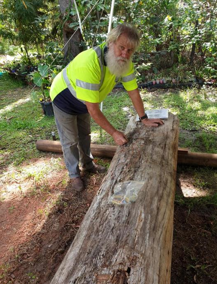 Artist Willie Paes with the uncarved Peace Pole. hoto: Courtesy Maryborough-Sunrise Club.