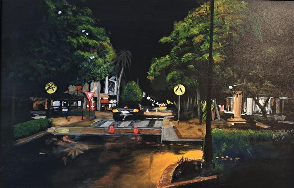 2025 Open Section winner MRAS competition '8:47PM' acrylic on board by Allan Watson