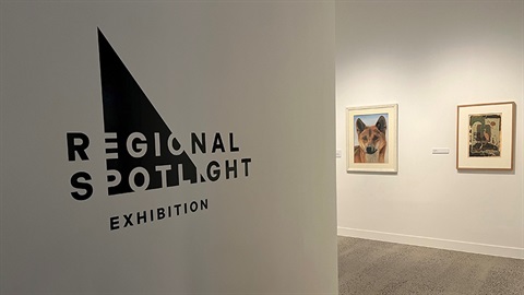 Entrance to Regional Spotlight 2024 exhibit with Kerri Dixon and Zela Bisset artworks.