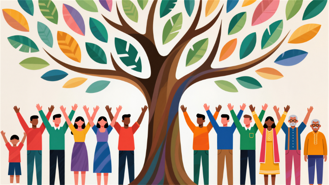 Digital drawing of group of people with hands up in middle of tree