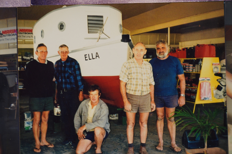 Restoration volunteers at Heritage City Marine with Ella on display 1997 (L to R - Frank McClintock, Bob Burns, Peter Young, Darryl Blackley, Dave Patrick