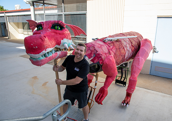 Matthew King from the Macabre Theatre Company with Scarlett. The company received RADF funding to build the puppet for its upcoming production of Shrek The Musical and as a starting point to expand the use of puppetry in live theatre regionally.