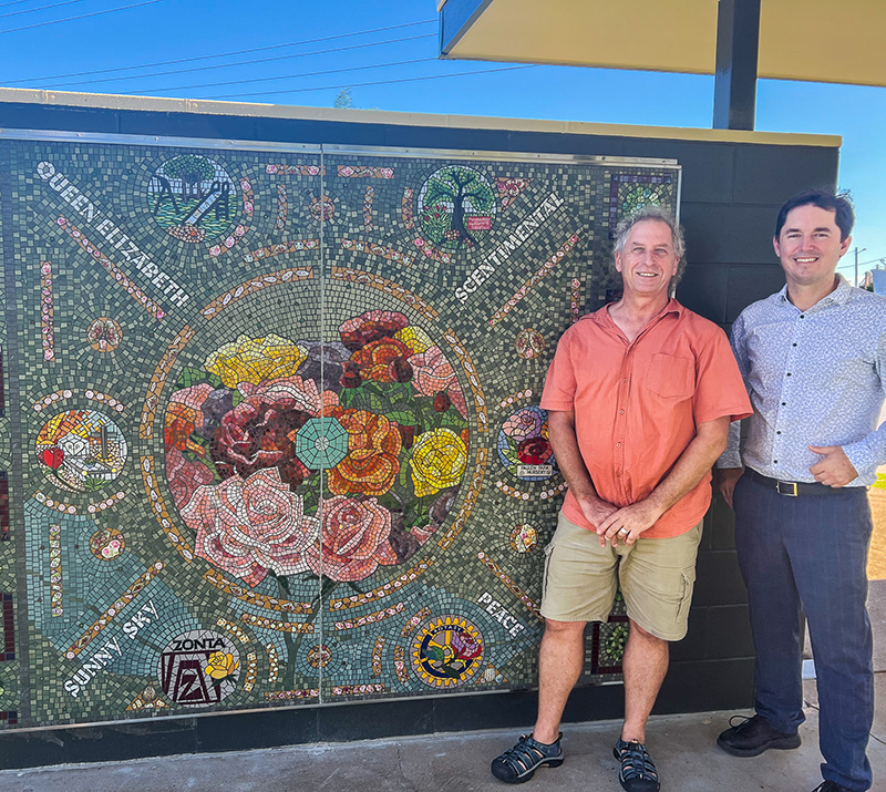 Fraser Coast Mayor George Seymour with mosaic artist Paul Perry at the unveiling
