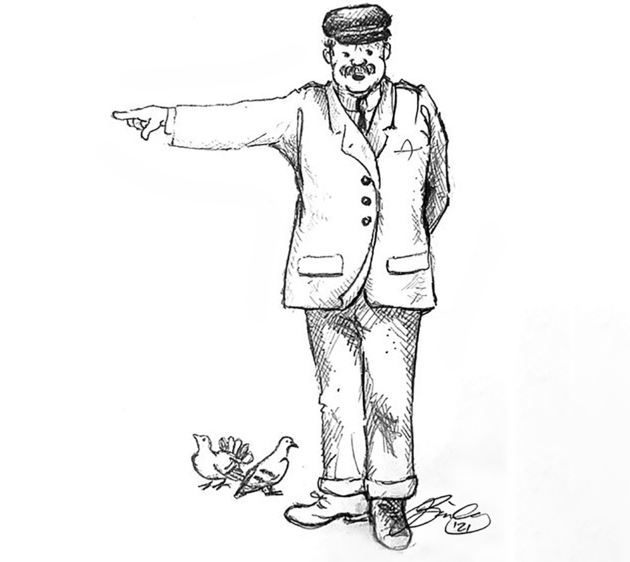 Artist's impression of Park Keeper statue. Hand drawing. Jane Estelle Bailey, Lavaworx Art Studio.