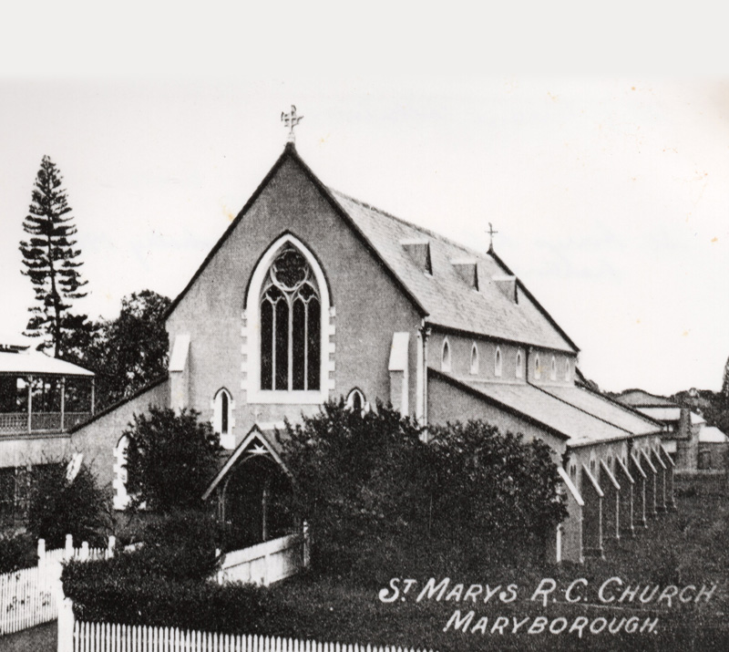 St Mary’s Catholic Church from Bazaar Street, 1909. Image courtesy of the Maryborough Wide Bay & Burnett Historical Society, (CC51) from the W.J. Tarrant collection.